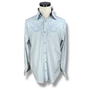 Roar Shirt Men's Large Blue Rock n Roll Western Y2K Embroidered‎ Long Sleeve